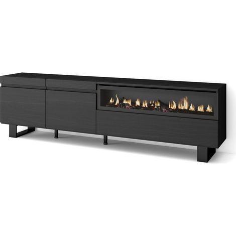Skraut Home - Meuble TV, Banc Télé, Grand espace de Rangement, 200x57x35cm, Pour les TV jusqu'à 80", Cheminée électrique, Design industriel, Style moderne, Noir (1/5)