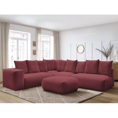 BOBOCHIC - Canapé d'angle fixe modulable VOLTAIRE avec 2 chauffeuses 2 places, 1 angle et 1 chauffeuse 1 place tissu chiné avec pouf Angle gauche Rouge (1/5)