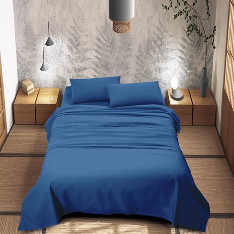 Completo Letto 100% Puro Cotone Set Lenzuola Tinta Unita Lenzuolo Sotto Sopra e Federe Copri Cuscini Biancheria Da Letto Blu Royal - Una piazza e mezza (1/2)