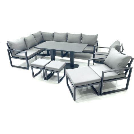 Fimous Aluminum Outdoor Garden Furniture Set Corner Sofa 2 Chair 3 Footstools Adjustable Rising Lifting Dining Table Sets Dark Grey (1/5)
