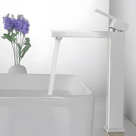 Robinet de Lavabo Carré Élégant en Acier Inoxydable 304 pour Lavabos à Poser Blanc - (1/2)