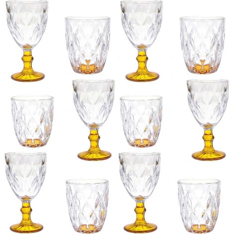 Set 12 Bicchieri 6 acqua 6 vino calici con piede in Vetro trasparente Giallo da tavola Eleganti Stile Raffinatezza in casa per Ogni Tavola e Occasione bar hotel ristorante