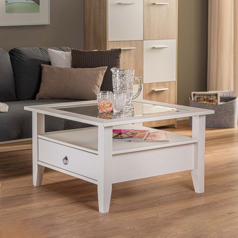 Table basse carré 75 cm en pin massif blanc - FREJUS