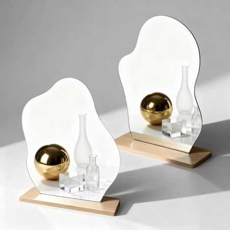 Miroir de Table Décoratif - Lot de 2 - Acrylique et Bois - Forme Nuage et Coton - Pour Maquillage et Salon - 24x20cm et 23,3x19cm (1/5)