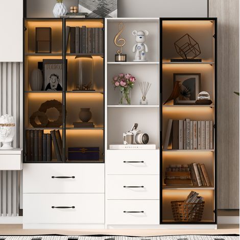 Vitrina LED modular (140x40x160 cm), con vitrinas de vidrio, estantes abiertos y cajones, bisagras soft close, tablero de partículas blanco (1/5)