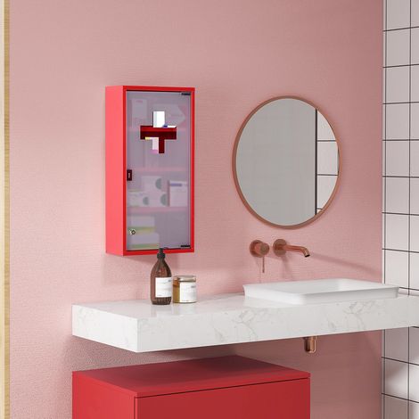 Medizinschrank aus Stahl in Rot mit satiniertem Glas, abschließbar, Tip-On-Öffnung, 30 x 12 x 60 cm (1/5)