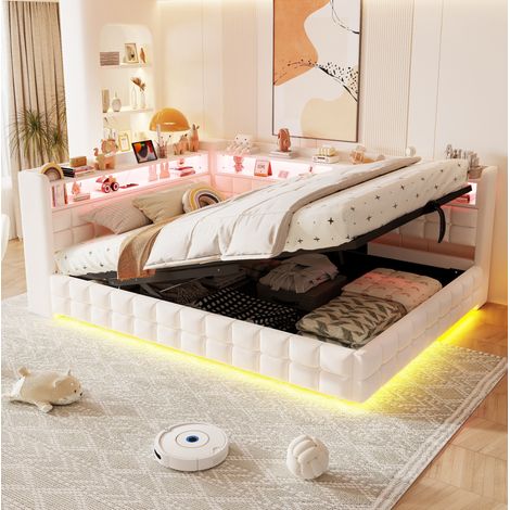 Polsterbett 140x200 cm aus beigem Samt mit LED, Stauraum, ohne Matratze – MEUBLIV (1/5)