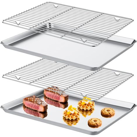 Set of 2 Baking Trays with Cooling Racks [2 Trays + 2 Racks], 40 x 30 x 2.5 cm Oven Tray, Rectangular Baking Sheet, Stainless Steel with Rack