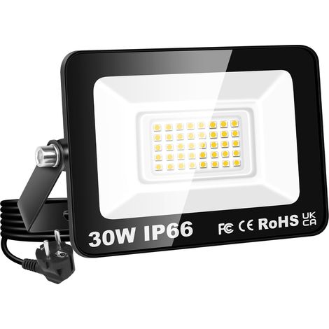 Projecteur LED 30W, étanche IP66, éclairage de sécurité 3000 lm, applique murale extérieure blanc chaud 3000K pour jardin, cour, garage, terrasse, entrepôt, avec prise UE (1 pièce)