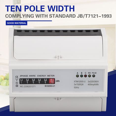 1 Stück 220V/380V Digitaler 3-Phasen-4-Leiter-7P-DIN-Schienen-Stromzähler, elektronischer kWh-Zähler, 15(60)A (1/5)