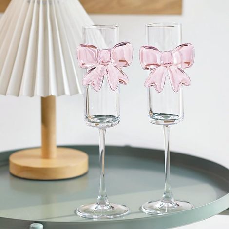 Lot de 2 flûtes à champagne ultra fines avec nœud rose transparent 3D (1/5)