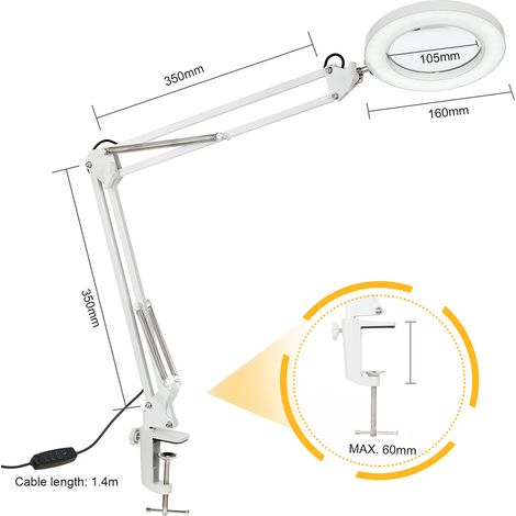 Lampe de table flexible à pince avec loupe 8x, bras pivotant, LED à intensité variable, lampe de bureau, 3 modes de couleur et 10 niveaux de luminosité, lecture, travail, études