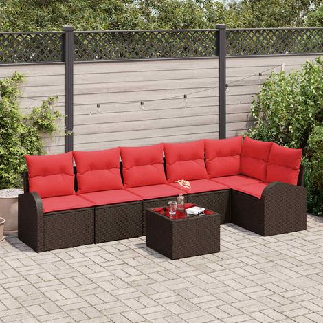 vidaXL Ensemble de canapé de jardin 7 pcs Marron et rouge polyrotin (1/5)