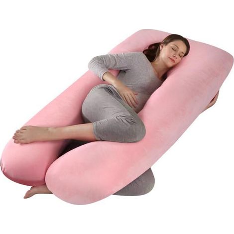 Coussin de Grossesse - Oreiller pour Femme Enceinte en Forme de U pour Dormir - Rose - Velours (1/4)