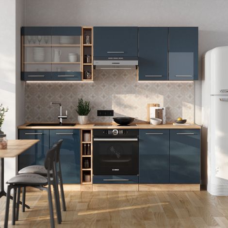 Küchenzeile Fame-Line, Dunkelblau Hochglanz/Goldkraft Eiche, 235 cm , AP Anthrazit, Vicco