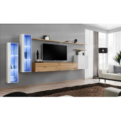 Ensemble mural - Switch XI - 2 vitrines LED - 1 banc TV - 1 vitrine carrée - 3 étagères - Bois et blanc - Modèle 2 - Livraison gratuite