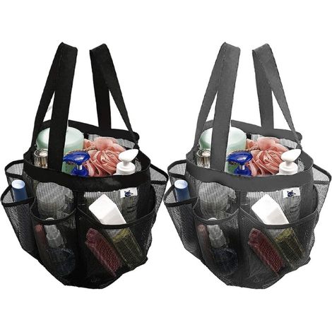 Juego de 2 bolsas de ducha de malla de secado rápido, 8 bolsillos, organizador de baño con 2 asas para colgar, ideal para la playa, camping, residencia estudiantil, baño y viajes – Gris y negro -Crezu