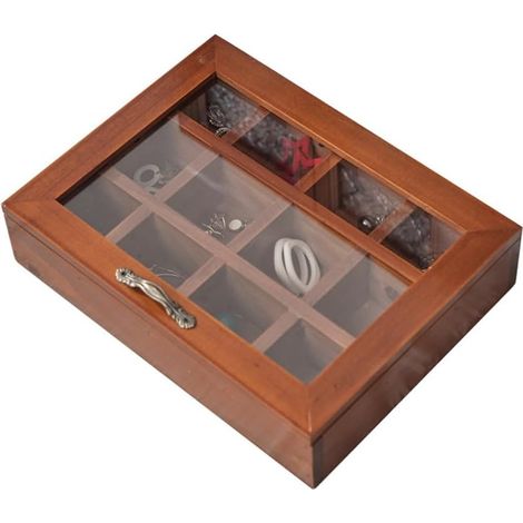 Rustic Wooden Jewelry Organizer with Lid, Vintage 12-Grid Storage Box with Transparent Lid and Handle for Necklaces, Rings, Earrings (1/2)