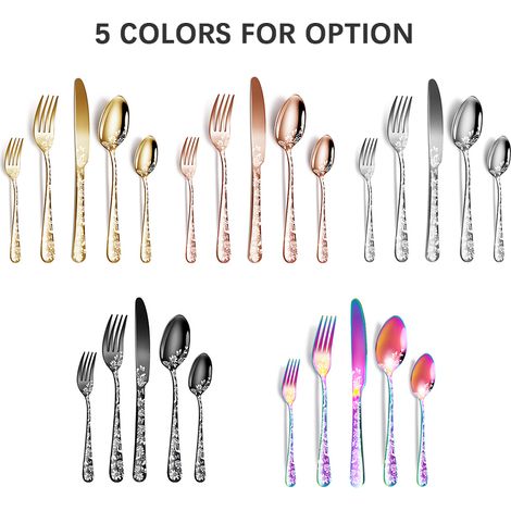 Ensemble de couverts 20 pièces en acier inoxydable à finition polie miroir : 4 couteaux, fourchettes, cuillères et cuillères à café ornés d’un magnifique motif floral, idéal pour la cuisine, les resta