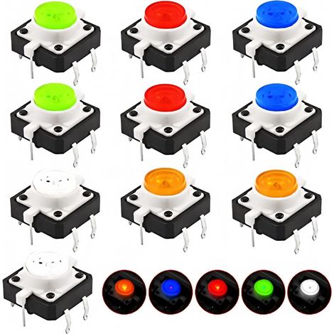 Lot de 10 interrupteurs à bouton-poussoir tactiles, éclairés, 12 x 12 x 7,3 mm, 5 couleurs, pour panneau PCB (1/5)