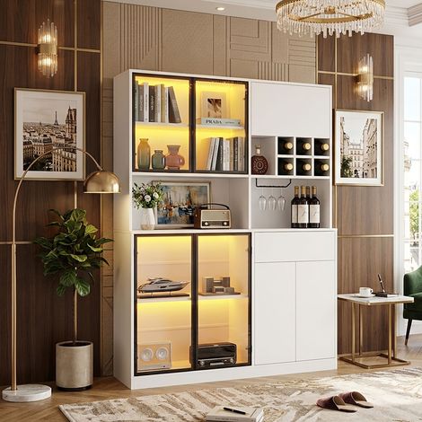 Creahappy Vitrine LED 140x30x200 cm - Meuble Rangement Séjour avec Porte Verre et Casier Bouteilles - Vaisselier Moderne Blanc (1/5)
