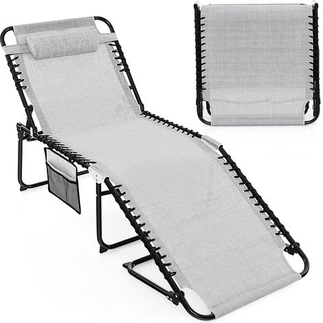 COSTWAY Tumbona Jardin Exterior, 188 x 69 x 41 cm, Tumbona Plegable con Respaldo Ajustable de 4 Posiciones, Almohada Desmontable y Bolsillo, Tumbona Reclinable Playa Piscina, Carga 200kg (Gris) (1/5)