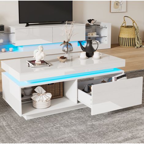 table salon rangement LED 100 cm blanc moderne compact OKMYHOME (1/5)