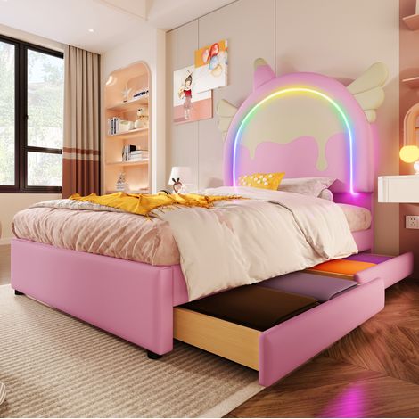 Lit enfant licorne rose en PU 90x200 cm avec tête de lit, bande lumineuse et 2 tiroirs (1/5)