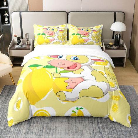 Vache 100% Coton Housse de Couette 140x200cm Enfants Lait Vache Citron garçon Fille Adolescent Dessin animé Ferme Animaux Literie Set Fruits Ensemble de lit Jaune Ensemble de Literie - 140 x 200 cm +  (1/5)