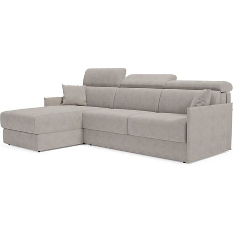 Miryam divano letto angolare compatto - poggiatesta reclinabili e penisola contenitore in tessuto smacchiabile T31 232 cm sinistro grigio perla (1/5)