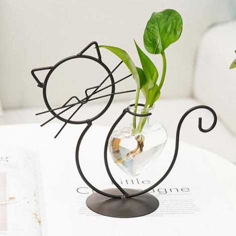 Vase Hydroponique Forme De Coeur En Verre Avec Support Métallique Chat - 19 x 12 x 12 cm - Or Ou Noir - 1 Pièce (1/5)