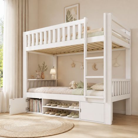 Cama litera blanca de madera 90x200 cm con mesa abatible y zapatero integrado
