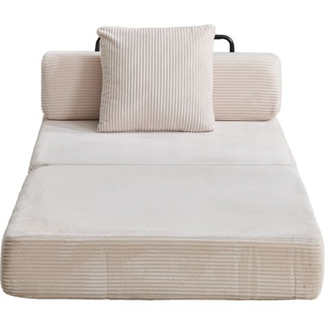 Canapé convertible en lit une place, fauteuil de sol pliable en velours côtelé blanc, mousse, dossier et coussin, 92,5 x 92,5 x 60 cm (1/5)