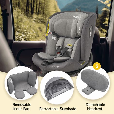 Siège auto pivotant 360° Jovikids ISOFIX, i-Size 40-150 cm (0-12 ans), coque bébé dos route inclinable, capuche amovible, homologué ECE R129 - gris (1/4)