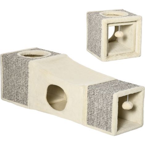 Tunnel pour chat, 2 niches, griffoirs et balles, 98 cm x 30 cm x 30 cm, marron et beige (1/5)