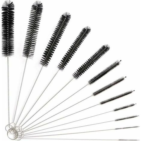 12 pcs Brosse de nettoyage tube, poils nylon et tige acier inoxydable, pour biberons, bouteilles en verre, claviers, machines à espresso, tuyaux étroits (1/4)
