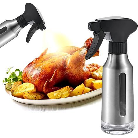 Ölsprüher zum Kochen, Olivenöl-Sprühgerät aus Edelstahl für Heißluftfritteusen, schwarze Düse, Fettauffangbehälter, Ölkontrollglas (1/5)