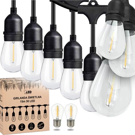 Lichterkette für den Garten, 15 m x 30 E27-Glühbirnen, wasserdicht IP65, ganzjährig