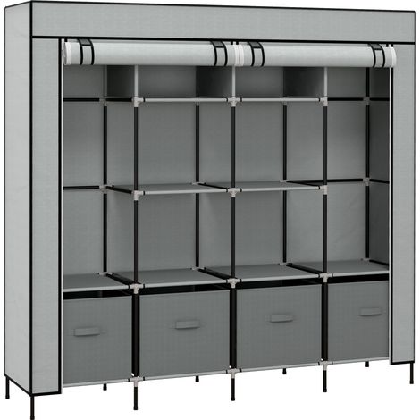 Armoire en tissu avec 2 tringles, 10 compartiments et 4 tiroirs, structure acier, gris foncé, pour chambre et couloir (1/5)