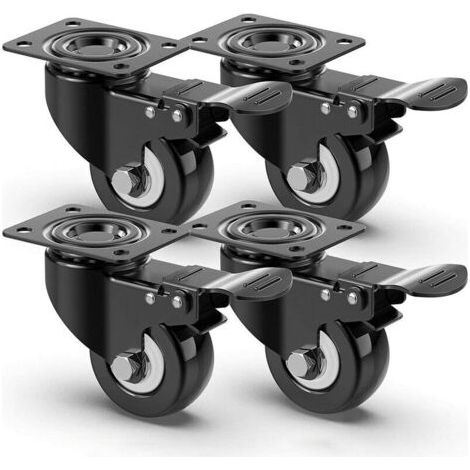 4 roulettes pivotantes silencieuses 50mm, Roulettes pour meubles avec frein, roulette charge lourde Capacité de charge de 400kg, roulettes de transport de meuble palette (noir) (1/2)