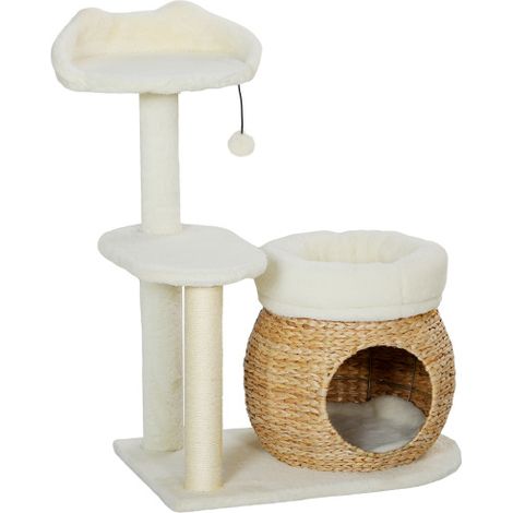 Tiragraffi per gatti da 79 cm, completo di cuccia, nido, pallina e palo in sisal. Adatto a gatti di peso inferiore a 5 kg. Colore bianco crema. Spedizione disponibile. (1/5)