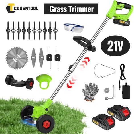 Coupe-bordure à batterie - 21V - Coupe Bordure sans fil avec 2 Batteries - Hauteur et Angle Réglable - Avec Roues Auxiliaires - Outils de Jardin de Coupe - CONENTOOL - Vert (1/5)