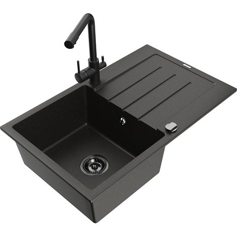 Mexen Bruno fregadero de granito de 1 seno con escurridor y grifo de cocina Duero, negro/oro metálico - 6513-75-671600-70-B (1/5)