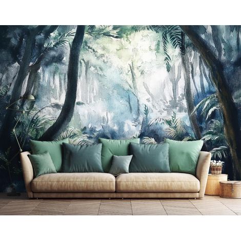 Vlies Fototapete Wald 150x105 cm, Tapeten, für Wohn und Schlafzimmer, Vliestapete Wandtapete Tapete 3D Effekt- inkl. Kleister - Dschungel Wald aquarell tropisch, WallArena (1/4)