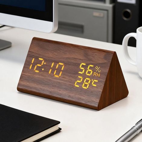Réveil numérique en bois, heure, date, température, humidité, activation sonore, 3 niveaux de luminosité, horloge de bureau pour chambre à coucher (1/3)