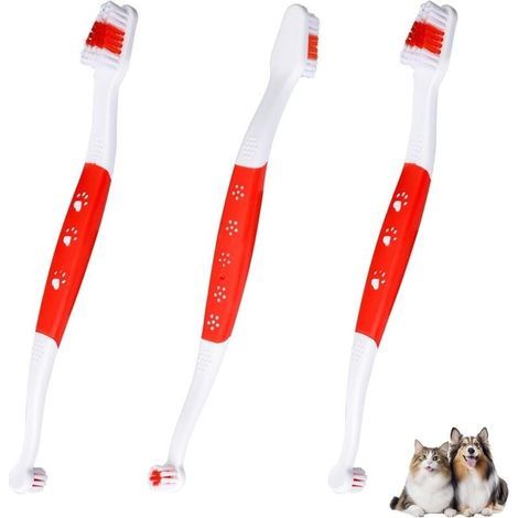 Set di 3 spazzolini da denti a doppia testina per animali domestici, con setole morbide, ideali per la pulizia dei denti di cani e gatti di piccola e grande taglia (rosso) (1/5)
