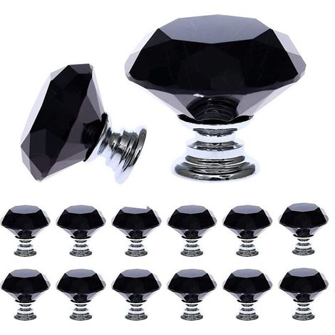 12 Pièces Noir Cristal Verre Meuble Poignées (30 mm), Bouton de Meuble avec de taille, Bouton de Porte, Tiroir de Poignée, Poignée de Portes pour Cuisine, Bureau, Chambre, Placard (1/5)
