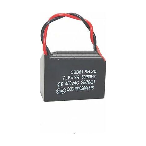 Lot de 2 condensateurs de démarrage CBB61 7 µF 450 V avec fils pour ventilateurs de plafond, extracteurs d'air haute puissance et ventilateurs industriels - 7 µF, prêts à l'emploi.