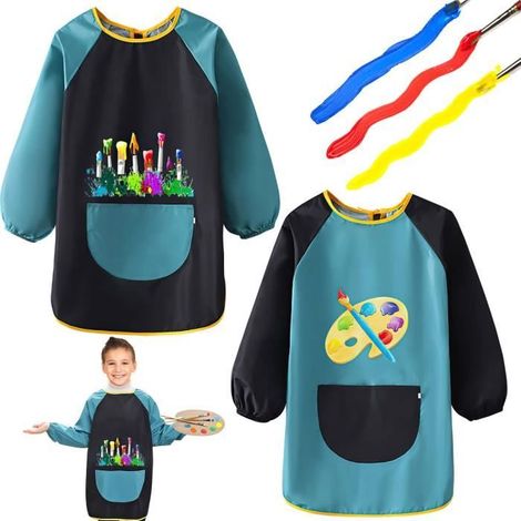 2Pcs Tablier Peinture Enfant, Tablier Enfants avec Poches Est Fabriqué en Polyester/PVC Imperméable, Tablier Peinture avec Poches (1/4)