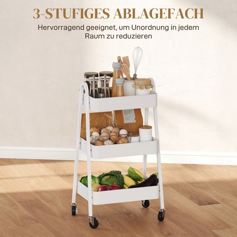 Chariot roulant 3 étagères, meuble de cuisine sur roues avec frein et poignée, blanc, parfait pour salon, bureau ou salle de bain.